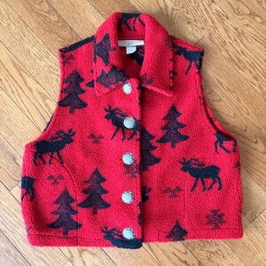 Vintage Painted Pony Red & Black Sherpa Moose & Tree Button-Up Vest